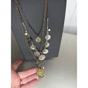 Gold Silver Tone Faux Coins Multicolor Boho Statement Necklace Multi Chain